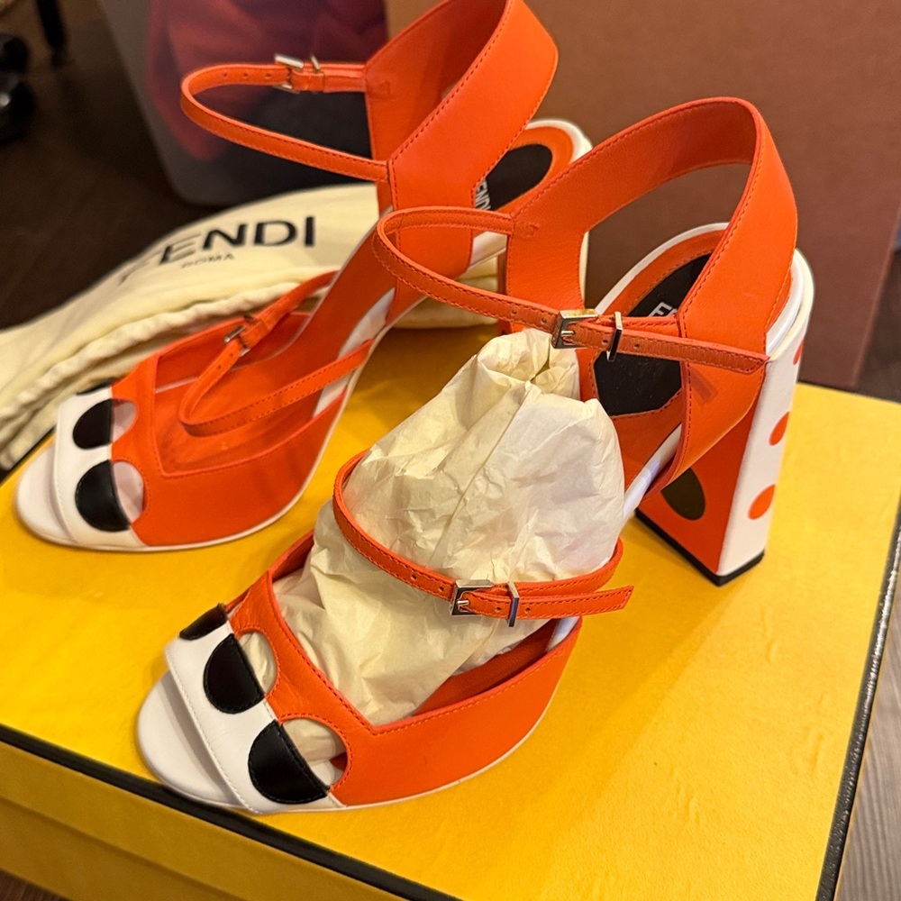 Fendi Bold Orange and White Block Heel Sandals 37
